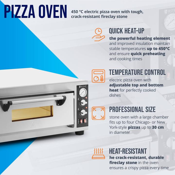 Produktbild Royal Catering Elektro-Pizzaofen 1 Backkammer 450 °C Ober-/ Unterhitze für 4 Pizzas mit Ø 30 cm (Pizzaofen Elektro)