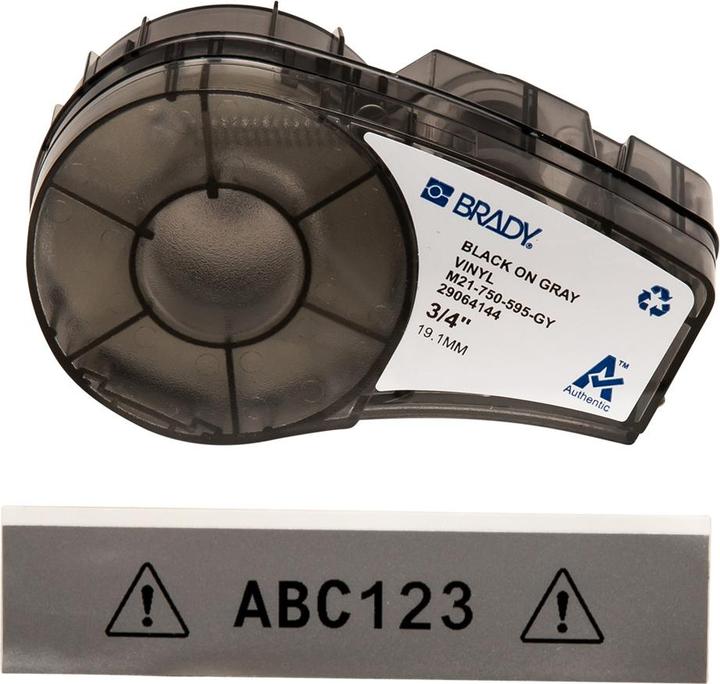 Actual product image Brady M21-750-595-GY-BK, vinyl, black on grey, 19.05mm x 6.4m, permanent, continuous