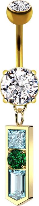 Star Piercing Banane vergoldet mit zwei Kugeln Kristall silber Anhänger Balken spitz drei Kristalle (Chirurgenstahl 316L, Messing)