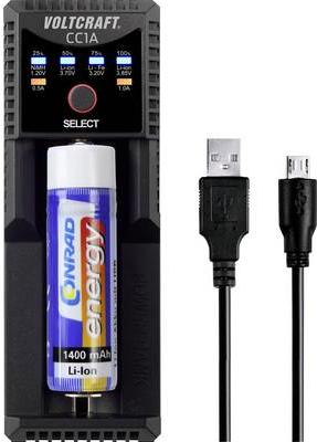 Actual product image Voltcraft CC1A Round Cell Charger NiMH, LiIon, LiFePO, NiCd Mignon (AA), Micro (AAA), Baby (C), 10440, 10500 (1 pcs., 10440, 10500, 12500, 12650, 13650, 14500, 14650, 16340, Battery + charger)