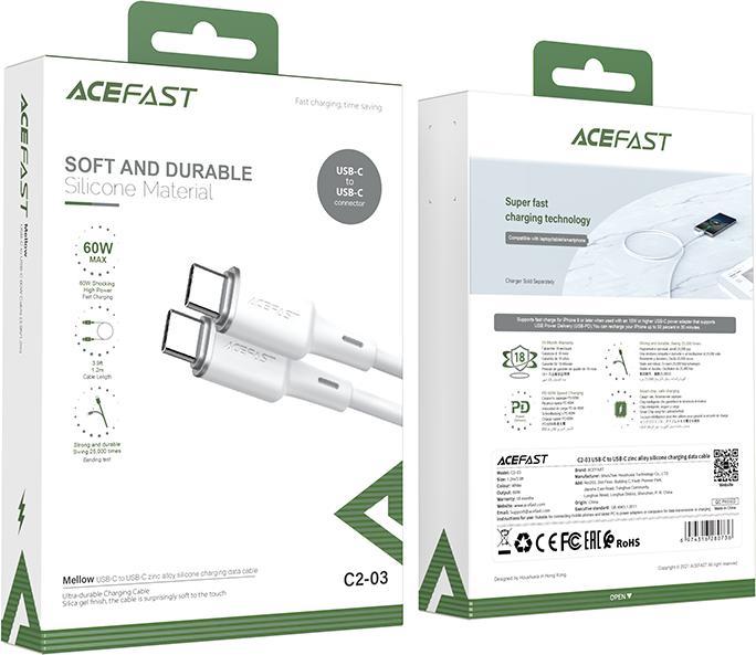 Actual product image Acefast cable USB Type C - USB Type C 1.2m, 60W (20V / 3A) white (C2-03 white) (1.20 m, USB 2.0, 60 W)