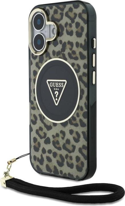 Actual product image Guess HC IML Leopard Triangle Cord Strap MagSafe iPhone 16 Case - Brown (Apple iPhone 16)