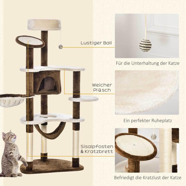 Produktbild PawHut Katzenbaum mit Sisalsäulen (153 cm, Kaffeebraun)