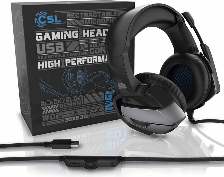 Actual product image CSL Gaming headset, USB, microphone, LED lighting, headphones for Windows, Mac, PS3, PS4, PS4 Pro, PS5 (Cable)