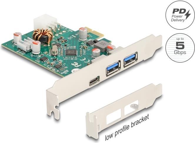 Produktbild Delock PCI Express x1 Karte zu 1 x extern USB Type-C Buchse PD 30 W + 2 x extern USB Typ-A Buchse US