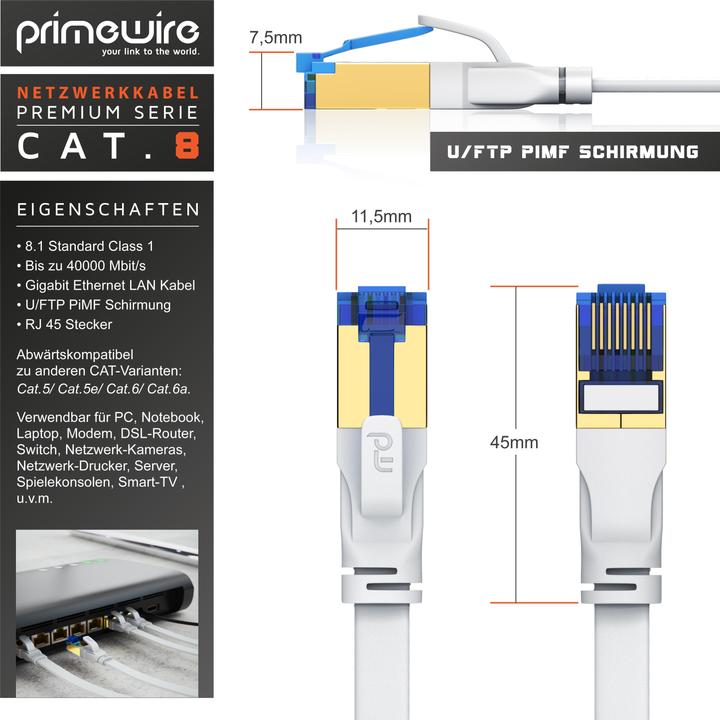 Image du produit Primewire 5x CAT 8.1 Netzwerkkabel Flach, LAN Patchkabel Datenkabel, Flachbandkabel Verlegekabel, Cat 6 Cat 7 (UTP, CAT8.1, 1 m)