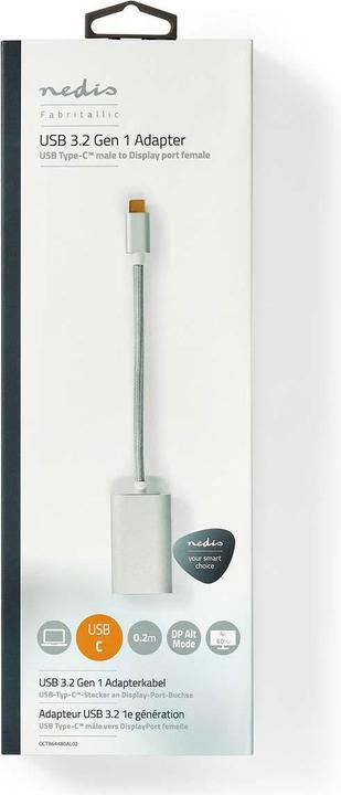Produktbild Nedis CCTB64480AL02. Kabellänge: 0,2 m, Anschluss 1: USB Typ-C, Anschluss 2: DisplayPort. Menge pro Packu (USB Typ-C, 20 cm)