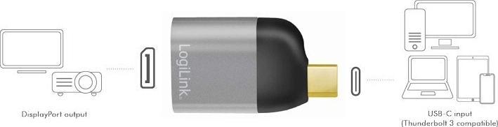 Produktbild LogiLink USB 3.2 Gen2 Type-C-Adapter, USB-C/M zu DP/F, 8K, Alu, schwarz/grau (USB Typ-C, 4 cm)