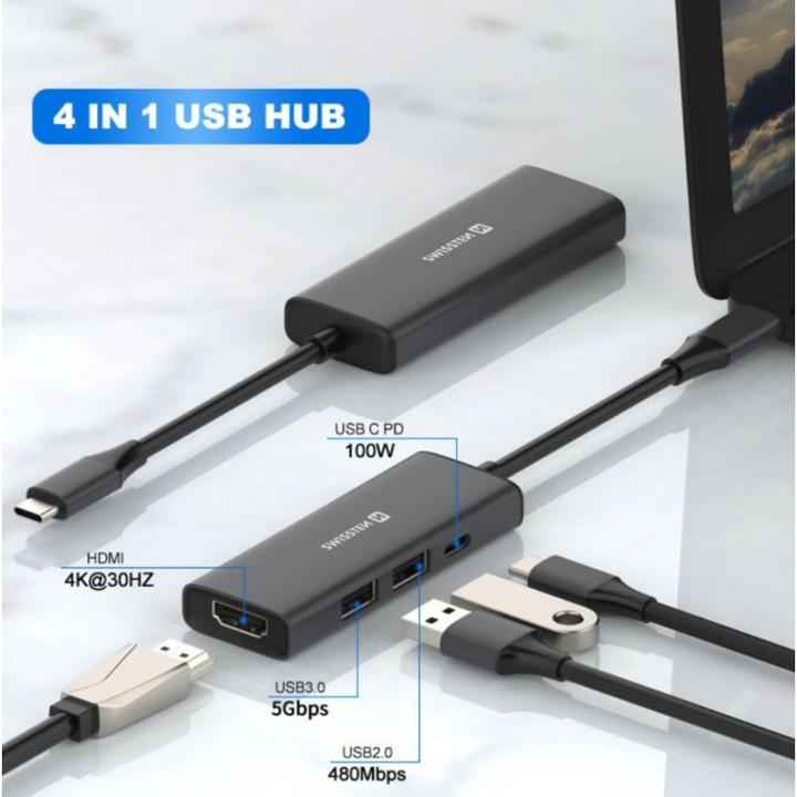 Produktbild Swissten USB-C Hub 4-In-1 (USB-C 100W, Hdmi 4K, 2X USB-A) Aluminium (USB-C, 4 Ports)