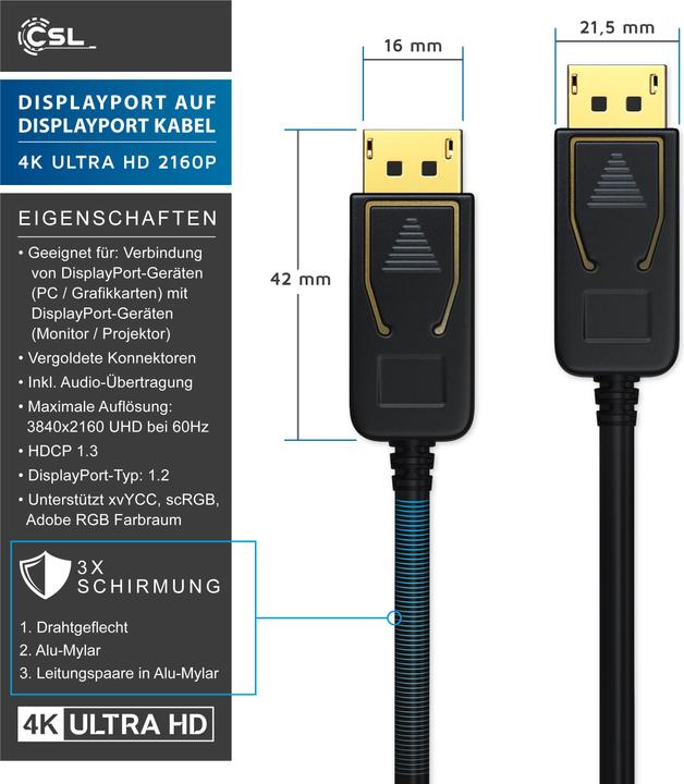 Image du produit CSL Câble DisplayPort 4k 60Hz Ultra HD - DisplayPort 1.2 vers DP 4K 1.2 y compris le transfert audio (5 m, DisplayPort)