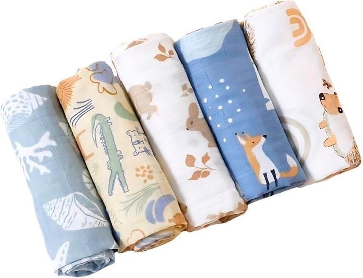 Produktbild Milkii Mulltuch / Spucktücher Set, 5 Stück, Tiere (60 cm, 60 cm)