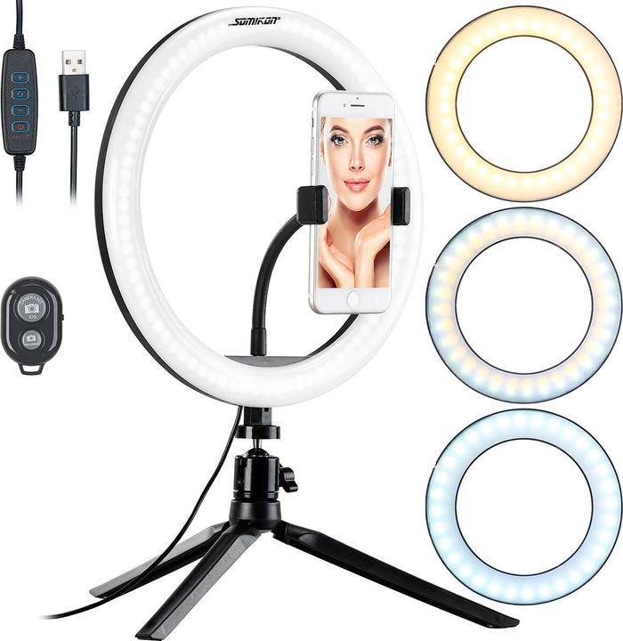 Somikon Profi LED-Ringlicht, Ø26 cm, dimmbar, Fernauslöser & Smartphone-Halter