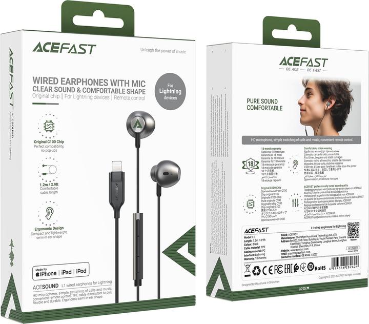 Produktbild Acefast L1 In-Ear-Kopfhörer mit 1,2 m Lightning Anschluss – Schwarz (ANC, Kabelgebunden)