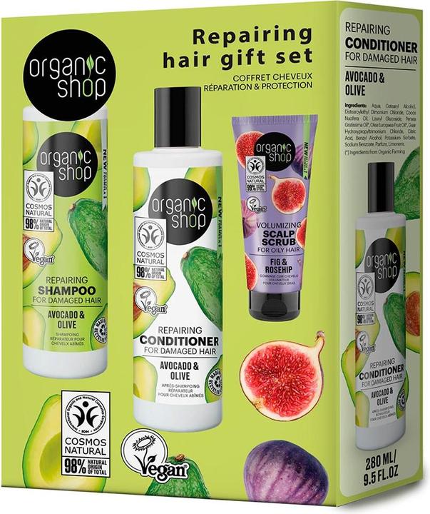 Immagine prodotto Organic Shop Shampoo all'avocado 280ml, Balsamo all'avocado 280ml, Scrub corpo esfoliante al fico 75ml (Shampoo liquido)