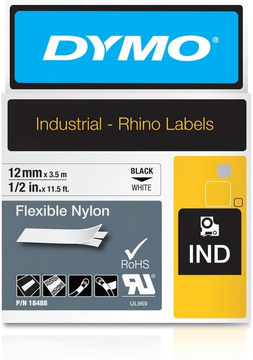 Actual product image Dymo Original IND Writing Tape for Rhino™ Nylon 12mm x 3.5m - black on white (1.20 cm, White)