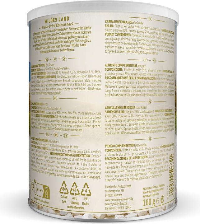Nutritional values and ingredients Wildes Land Katzen-Snack Huhn Freeze Dried 160 g (1 pcs., 160 g)
