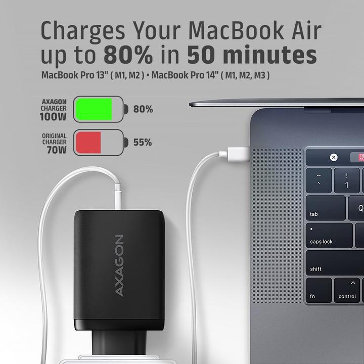 Actual product image Axagon ACU-DPQ100, GaN nabíječka do sítě, 3x port (USB-A + dual USB-C), PD3.0/PPS/QC4+/Apple (100 W)