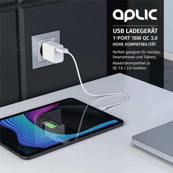 Produktbild Aplic USB Ladegerät 18W Quick Charge 3.0, Schnellladefunktion, für Smartphones, Tablets, weiss (18 W)