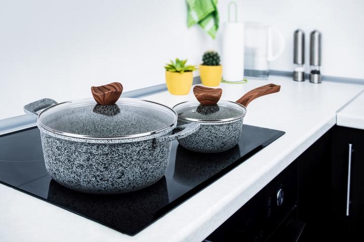 Produktbild Promis Pot set with brown handles, 8 items (GR (Pfannenset + Topfset, Edelstahl, Aluminium)