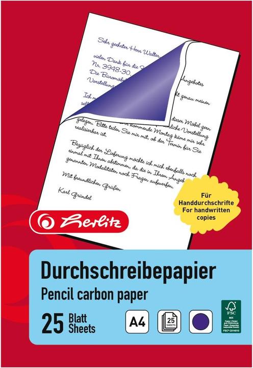 Produktbild Herlitz Durchschreibpapier, DIN A4, Inhalt: 25 Blatt blau schreibend (25 x, A4)