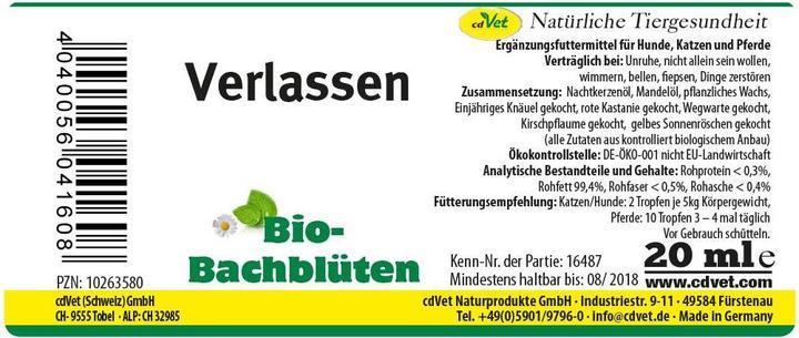 Produktbild cdVet Hunde-Nahrungsergänzung Bio-Bachblüten, Verlassen, 20 ml (Junior, Senior, Adult, 1 Stk., 60 g)