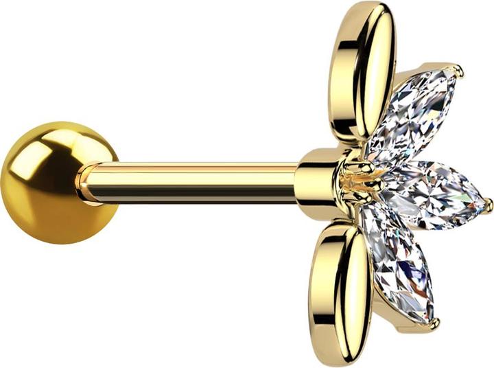 Star Piercing Micro Barbell vergoldet mit Kugel und Fächer vergoldet drei ovale Kristalle silber (Messing, Chirurgenstahl 316L)