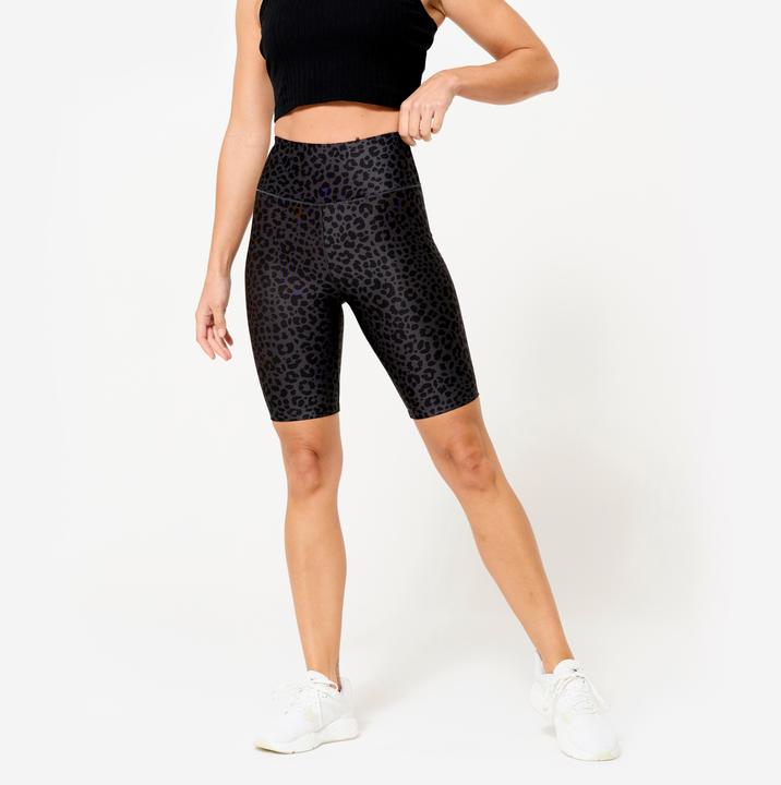 Domyos Shorts Radlerhose Damen dehnbar - Leopardenprint dunkelgrau (L)