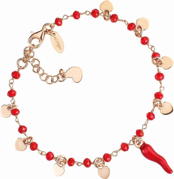 Amen Lucky Horn Red and Hearts Armband (16 cm, Silber 925)