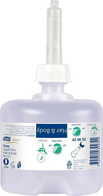 Tork Sapone liquido Hair & Body Mini - 420602 - Gel doccia e shampoo 2 in 1 per sistemi di erogazione S2 (475 ml)