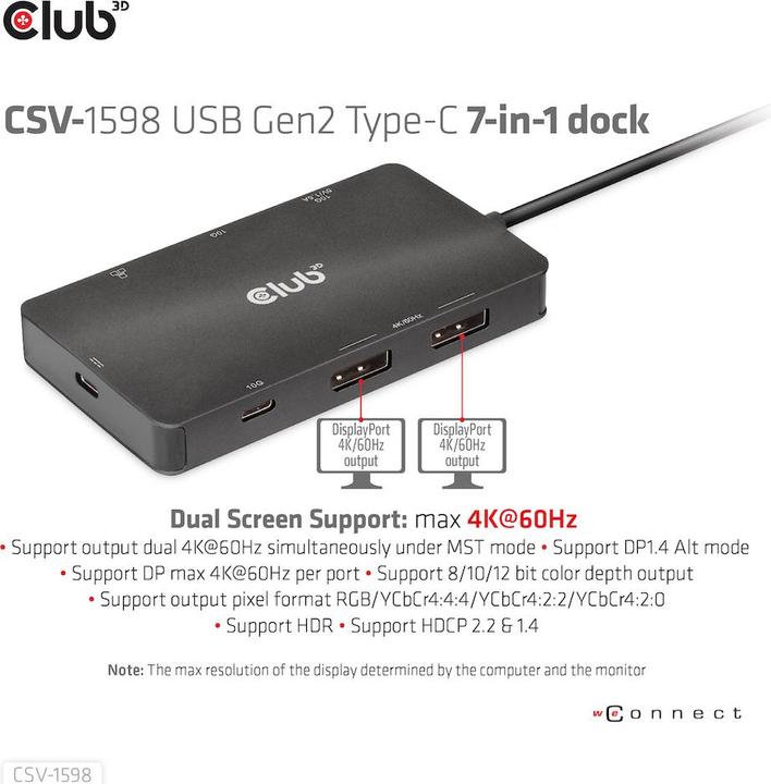 Productafbeelding Club 3D Club3D USB 7-in-1 Hub USB-C > 2xDP/2xUSB/2xUSB-C (USB-C, 7 Havens)