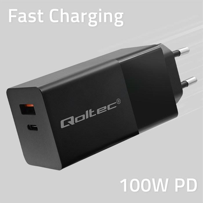 Actual product image Qoltec Ładowarka GaN POWER PRO | 1xUSB-C | 1xUSB | 100W | 5-20V | 1.5-3.35A | PD | Czarna (100 W)