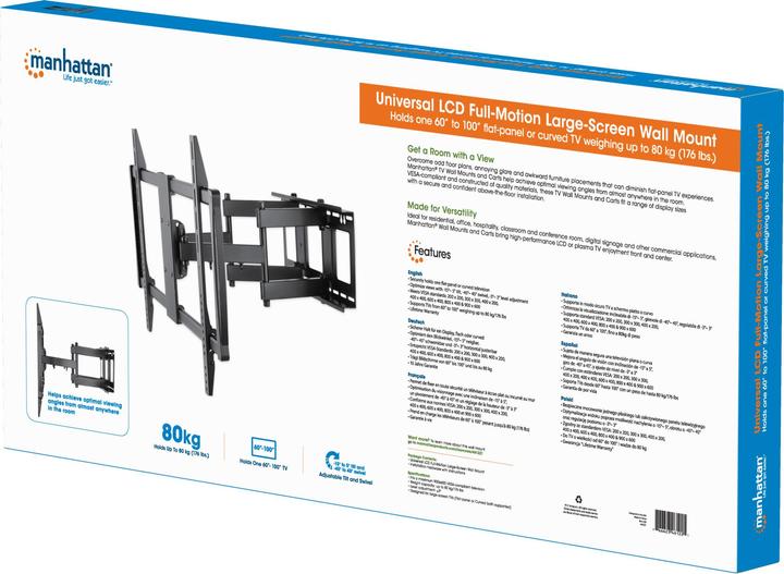 Produktbild Manhattan TV & Monitor Mount, Wall, Full Motion, 1 screen, Screen Sizes: 60-100", Black, V (Wand, 100", 80 kg)