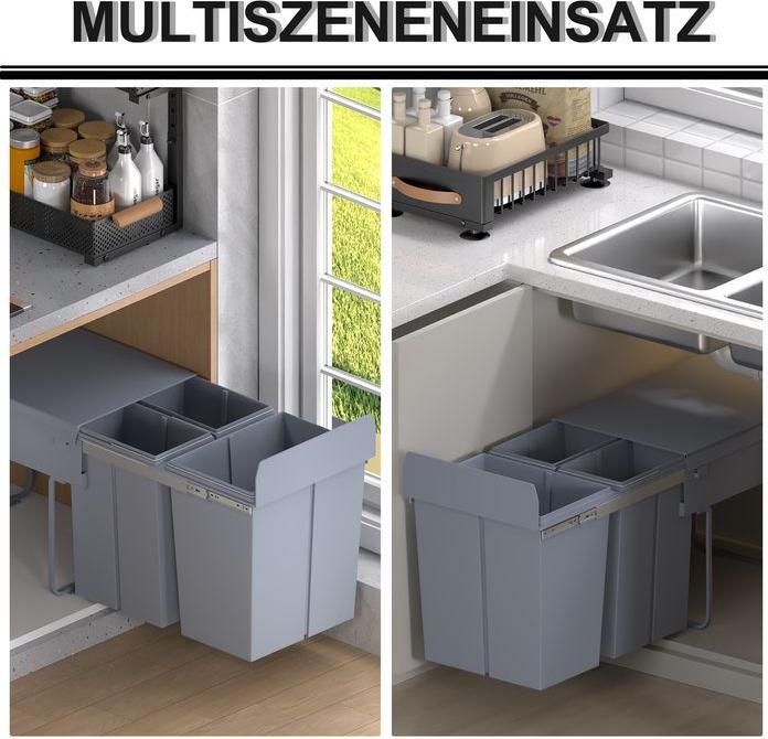 Image du produit Swisshandel24 40L Einbaumülleimer Unterschrank ausziehbarer Müllsammler mit 3 Fächer Grau (40 l)