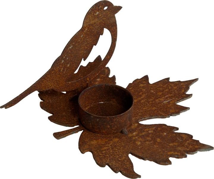 Produktbild Natura Punto Teelichthalter aus Metall in Rostoptik Vogel auf Blatt, Höhe 15 cm (14 x 15 cm)