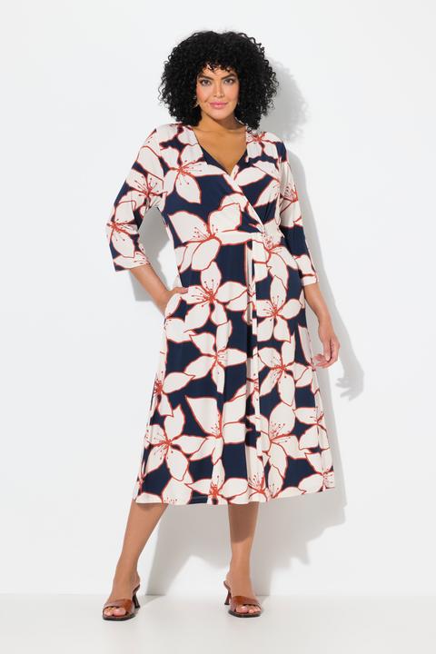 Produktbild Ulla Popken Midikleid, Blüten, Wickeloptik, V-Ausschnitt, 3/4-Arm (62)