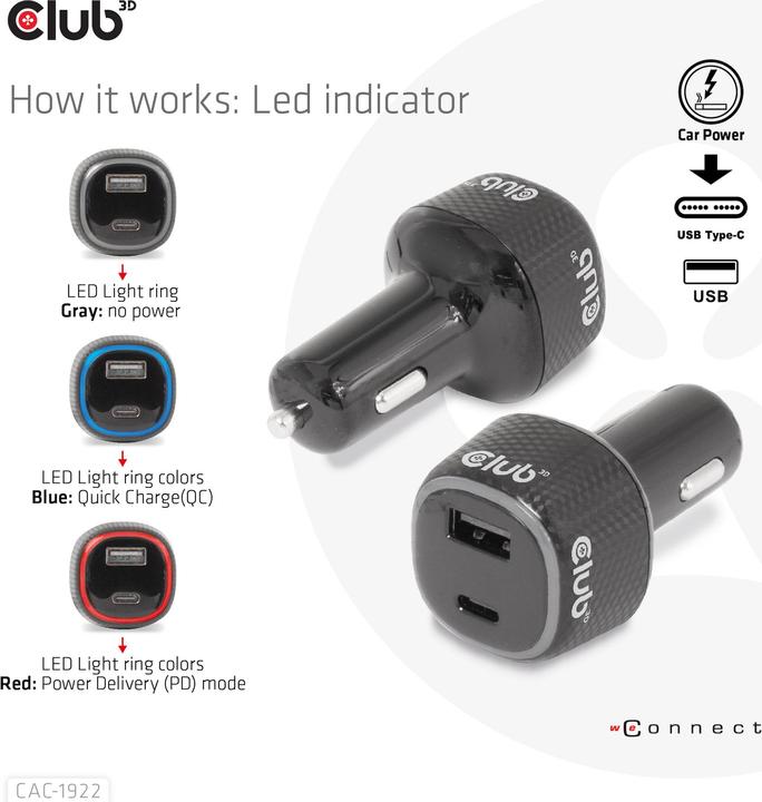 Image du produit Club 3D Club3D Chargeur USB pour voiture 1xUSB C, 1xUSB A, 63W, 12/24V retail