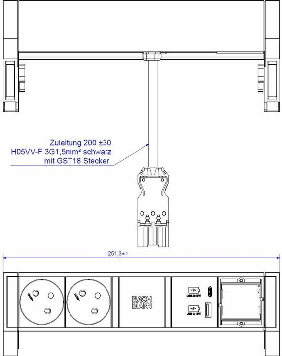 Actual product image Bachmann DESK2 2xUTE 1xCM 1xUSB A/C 22W noir (2 x, CEE 7/5, 0.20 m)