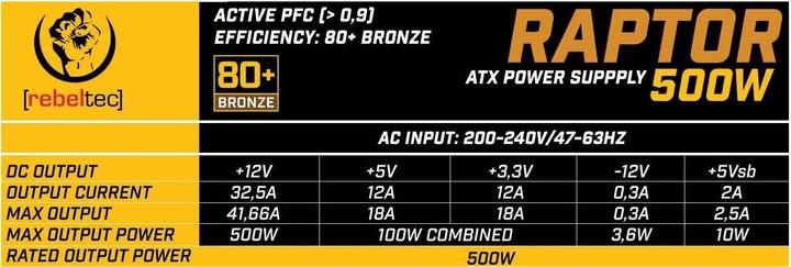 Produktbild Rebeltec ATX Netzteil RAPTOR 500W BRONZE 80+ Single Rail DC-DC (500 W)