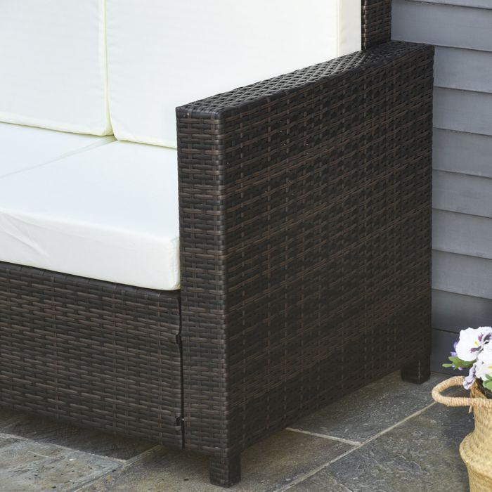 Produktbild Swisshandel24 Poly-Rattan Sofa mit Kissen 3-Sitzer Garten Loungesofa Metall Polyester Braun+Weiss 185 x 70 x 80 cm