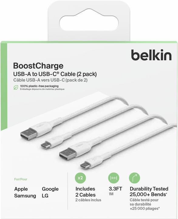 Actual product image Belkin USB-A to USB-C PVC White 1m Twin Pack (1 m, USB 2.0)