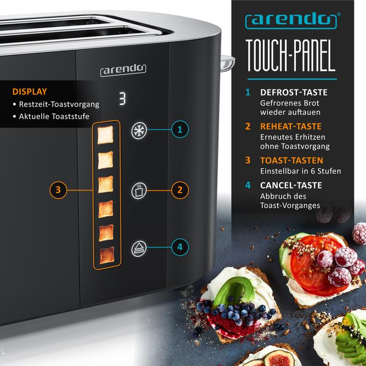 Produktbild Arendo Toaster Edelstahl 4 Scheiben Langschlitz, Restzeit & Bräunungsgradanzeige, Touch Display, 1500 W (EU-Stecker)
