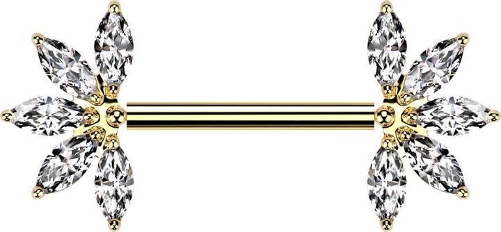 Star Piercing Threadless Barbell vergoldet mit zwei Fächer vergoldet fünf Kristalle silber (ohne Messing, Titan G23)