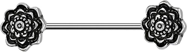 Star Piercing Barbell silber mit zwei schwarzen Rosen (ohne Messing, Chirurgenstahl 316L)