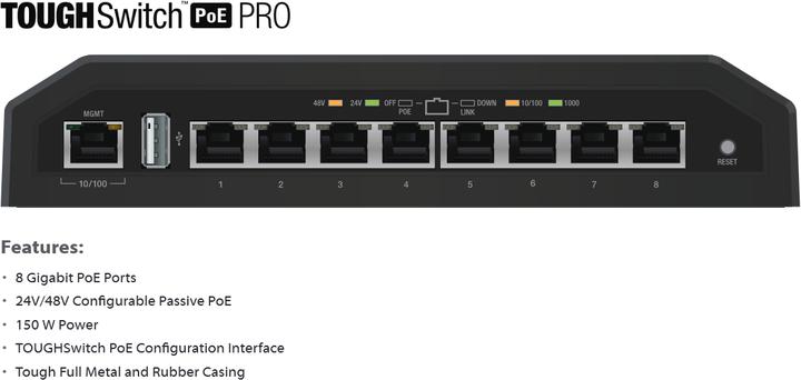Image du produit Ubiquiti Toughswitch, TS-8-PRO, 24/48 volts PoE passif (8 Ports)