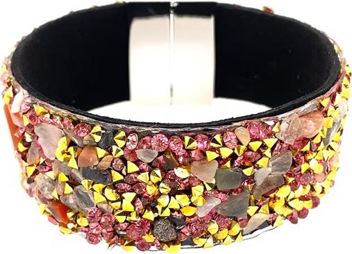 Produktbild Signé Signè Armband Leder mit Steinen & synthetischen Kristallen Rosa & Metallkegel Gold No.9 (18.50 cm, Metall, Glas, Messing, Bleifrei, Cadmiumfrei, synthetische Kristalle, Nickelfrei)