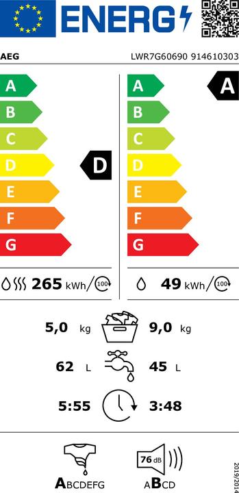 Energy Label AEG LWR7G60690 Washer dryer 9/5 kg 914610303