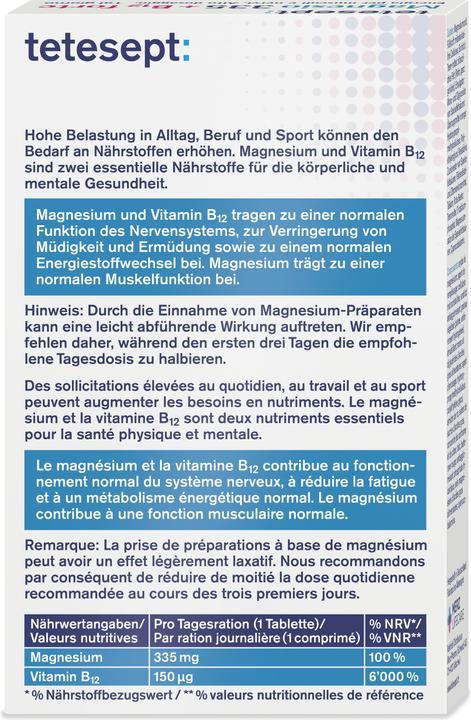 Nutritional values and ingredients Tetesept Magnesium 335 + B12 forte (32 Piece, Pills, 336 g)