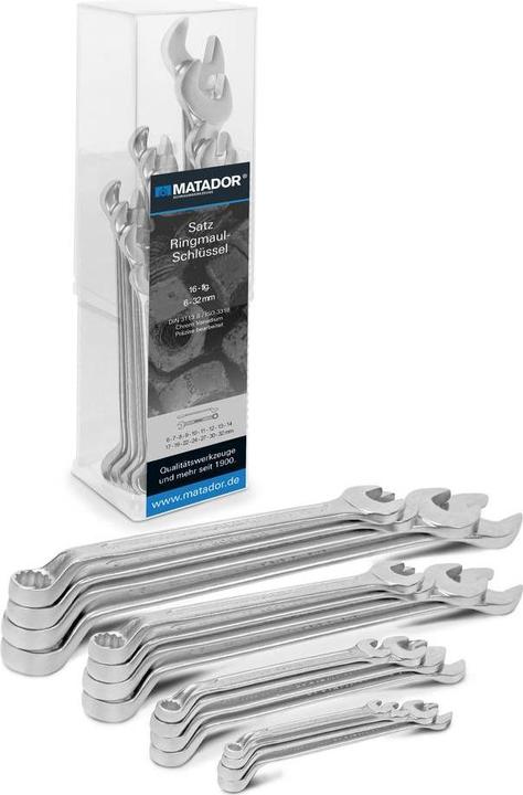 Produktbild Matador Ringmaulschlüssel-Satz 16-tlg. gekröpft 6 - 32 mm (32 mm, 19 mm, 6 mm, 12 mm, 24 mm, 14 mm, 22 mm, 16 mm, 23 mm, 10  mm, 21 mm, 18 mm, 27 mm, 7 mm, 31 mm, 17 mm, 11 mm, 15 mm, 26 mm, 30 mm, 8 mm, 28 mm, 9 mm, 29 mm, 13 mm, 20 mm, 25 mm)