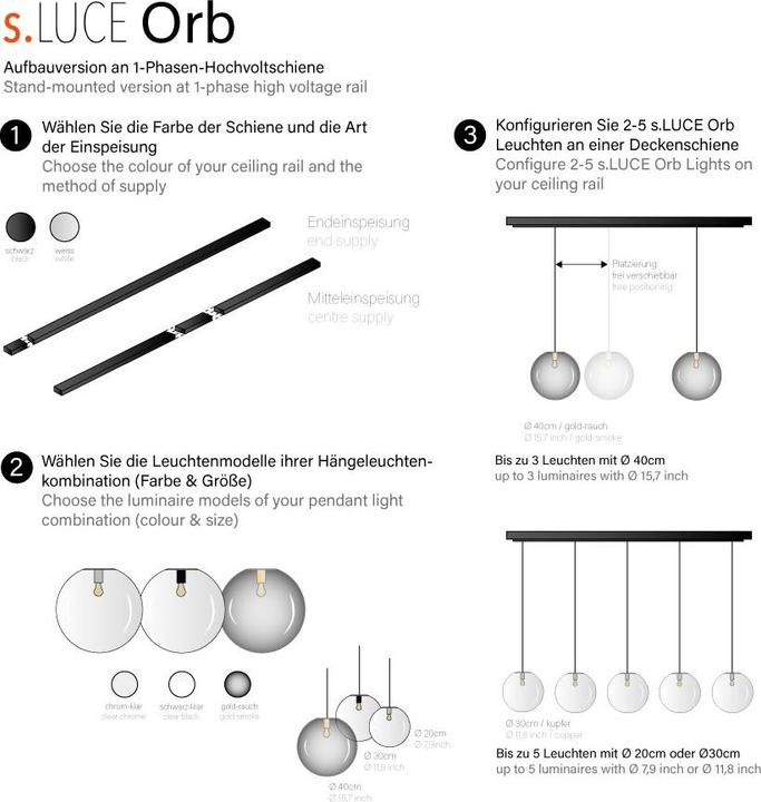 Produktbild s.luce Orb Glas-Hängeleuchte 2 bis 5-flammig inkl. 1-Phasen-Schienensystem (E27)