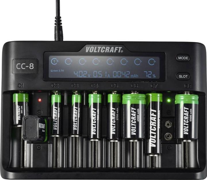 Actual product image Voltcraft CC-8 Round Cell Charger (1 pcs., 10340, 14500, 16340, 17500, 18490, 18500, 18650, 21700, 22650, 26500, 26650, Sub-C, A, 9V Block, AA, AAA, Chargers without battery)